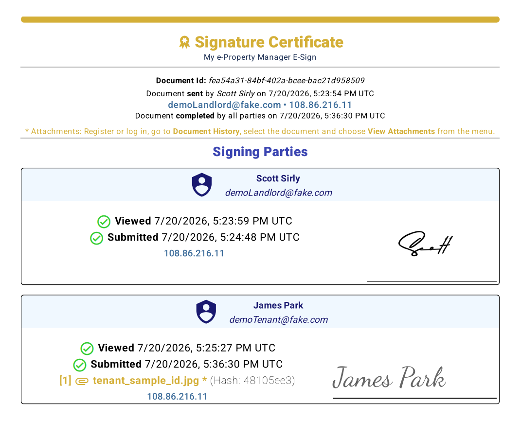My e-Property Manager Audit Trail Certificate of Completion showing SHA-256 hash, IP address, and electronic signature verification